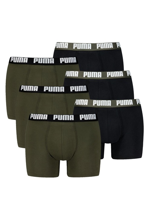 Puma, Set de boxeri cu banda logo in talie - 6 perechi, Verde/Negru