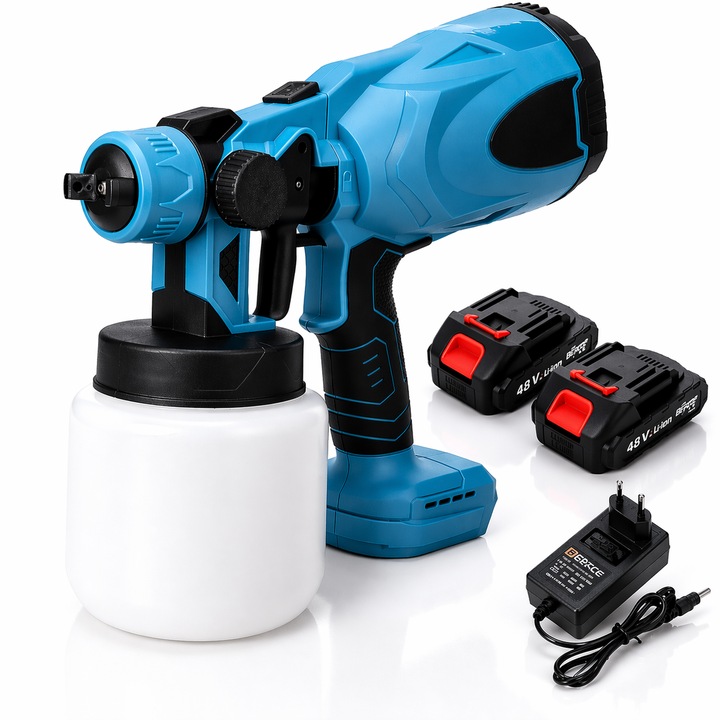 Pistol Electric de Vopsit Macvi® cu 2 Acumulatori 48V Pulverizator Portabil fara Fir, 3 Duze, Debit Reglabil, Ideal pentru Vopsea, Email, Lac sau Grund