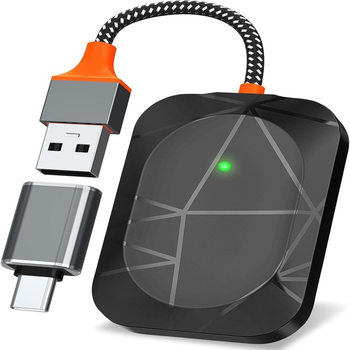 Adaptor CarPlay wireless pentru iPhone, plug and play, conexiune automata, converteaza CarPlay cu fir in CarPlay wireless, conexiune rapida si stabila, compatibila cu iOS 10+, adaptata la Apple + Android AUTO