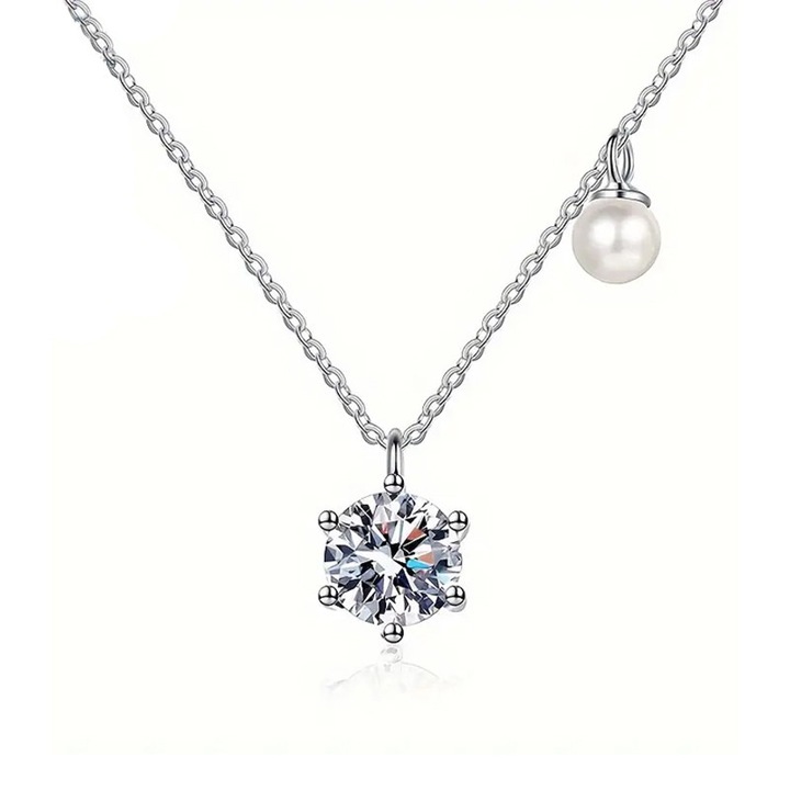 Colier clasic din argint cu diamant moissanit si perla alba