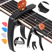 Capodastru chitara profesionala din aliaj cu 6 corzi 1 buc + set de 4 buc. Pene premium, accesorii chitara cu clema universala, potrivit pentru chitara acustica si electrica, compatibil cu ukulele, mandolina, banjo (negru)