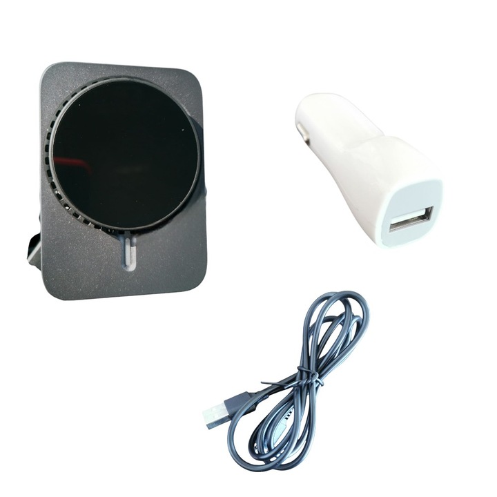 SZETT Autós tartó HCC059 + 1A autós töltő + USB-Type-C kábel, Mágneses 15W vezeték nélküli töltéssel és aktív hűtéssel telefonhoz, Szellőző tartó, Állítható kar, Kompakt, Fekete/Ezüst
