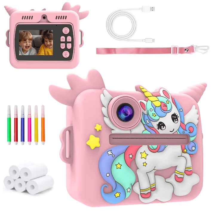 Детска камера с печат, VALA® 10K UNICORN, Двойна предна и задна камера с автофокус, 48Mpx, 2.4″ LCD дисплей, 5 ролки термохартия, Цветни маркери, Самозалепващи стикери, Включени връзка за носене и кабел за зареждане, Розов