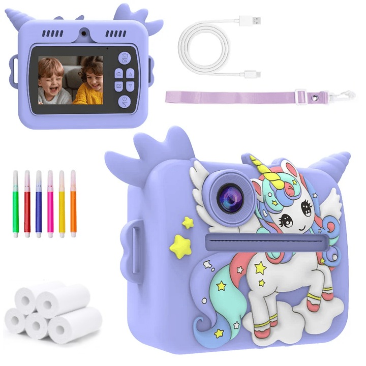Aparat foto copii cu printare, VALA® 10K UNICORN, Camera duala fata-spate cu Autofocus, 48Mpx, Display LCD 2.4″, 5 role hartie termica, Carioci colorate, Stickere Adezive, Snur si cablu de incarcare incluse, Violet