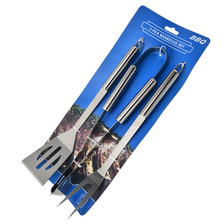 Set 3 ustensile de gratar, inox, cleste + paleta + furculita, 41 cm, manere ergonomice, argintiu
