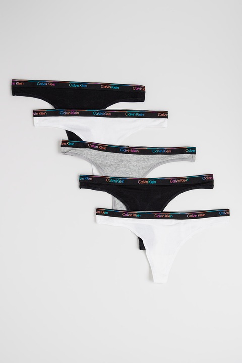 CALVIN KLEIN, Танга с лого, 5 чифта, Бял/Черен/Сив меланж, L