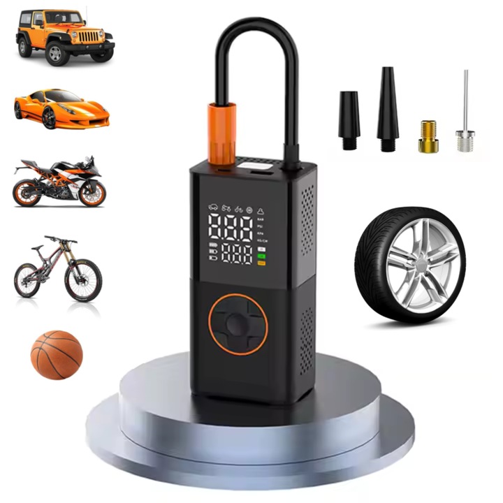 Compresor Auto Electric Portabil TREA®, Pompa Aer 150 PSI/10 bar, Baterie Externa USB, 4 Capete Incluse, Afisaj Dual Digital, LED, Carcasa Rigida, Ultra Compact, Anvelope Auto Moto Biciclete Mingi