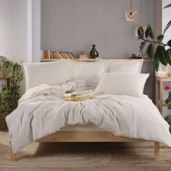 Luxus prémium franciaágynemű muszlinból és szatén pamutból, 6 darab, 240x260 cm, Hobby Home, Krémszínű