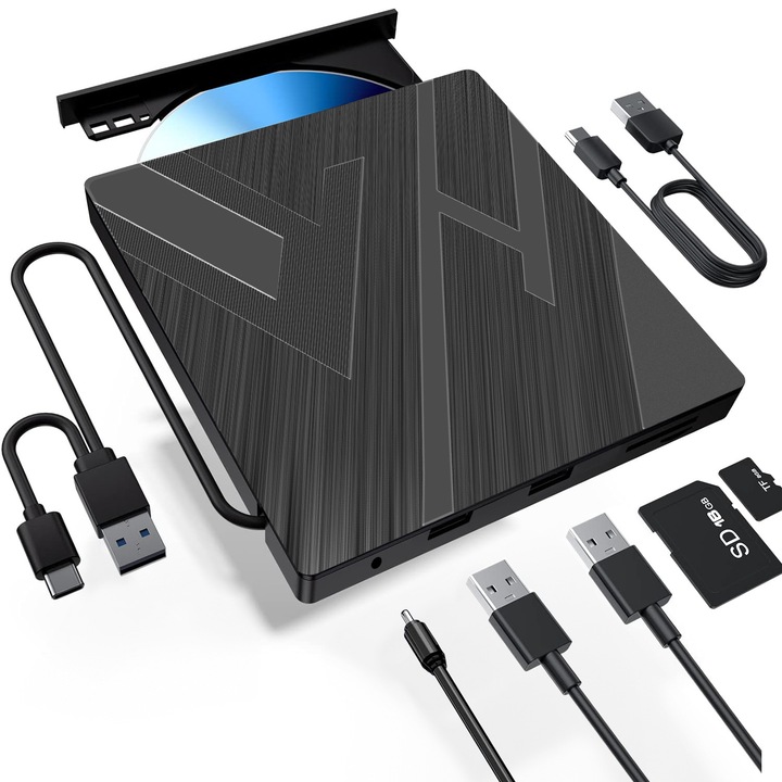 Külső CD/DVD meghajtó, 7 az 1-ben, USB 3.0 + USB 2.0 x 3 + SD + TF + USB C, DVD 8X, CD 24X, széles körben kompatibilis, Plug and Play, fekete