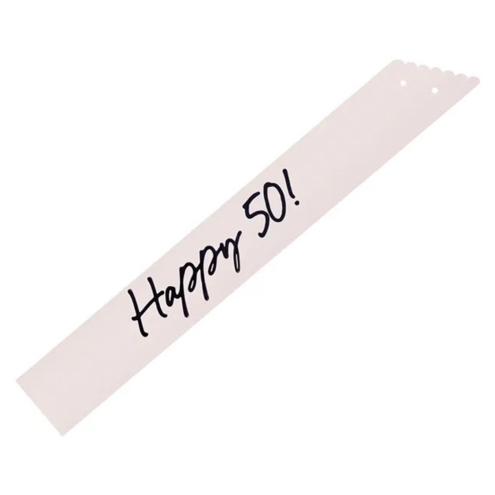 Лента за парти "Честита 50-годишнина", PartyDeco, кремава, 9.5x76см, украсена с черна панделка
