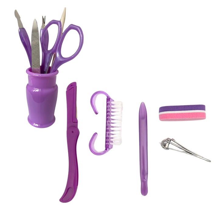 Set complet de ingrijire unghii si sprancene, 11 piese cu suport, dimensiune 11x6cm