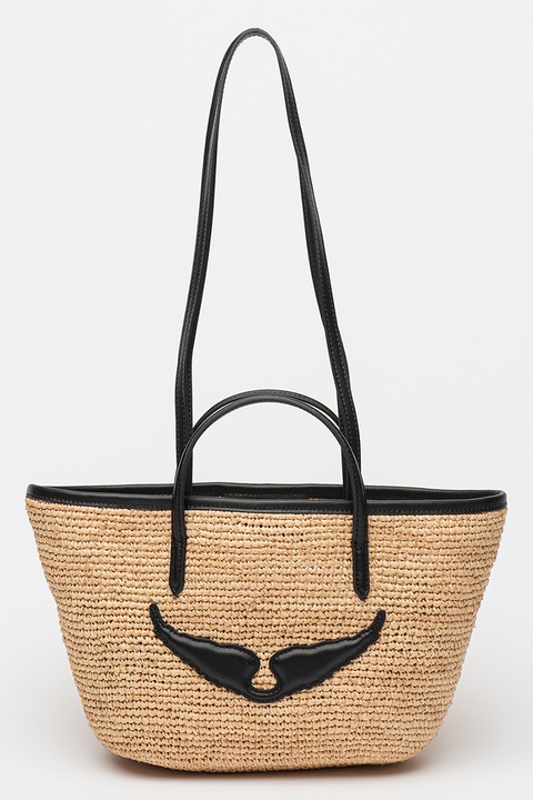 Zadig & Voltaire, Geanta shopper din rafie cu garnituri de piele, Negru, Bej