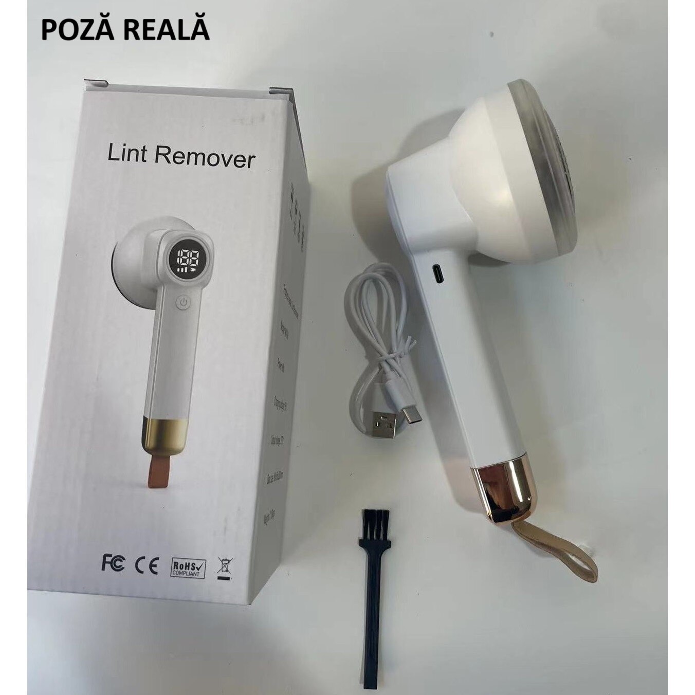 Aparat Pentru Curatat Scame, Par Si Praf, Pentru Diferite Tipuri De Material, Cu Lame Din Otel Inoxidabil, Incarcare Prin USB Type-C, Cu Perie De Curatare si Cablu USB Incluse, Alb, 20 x 8.8 x 8.5 cm