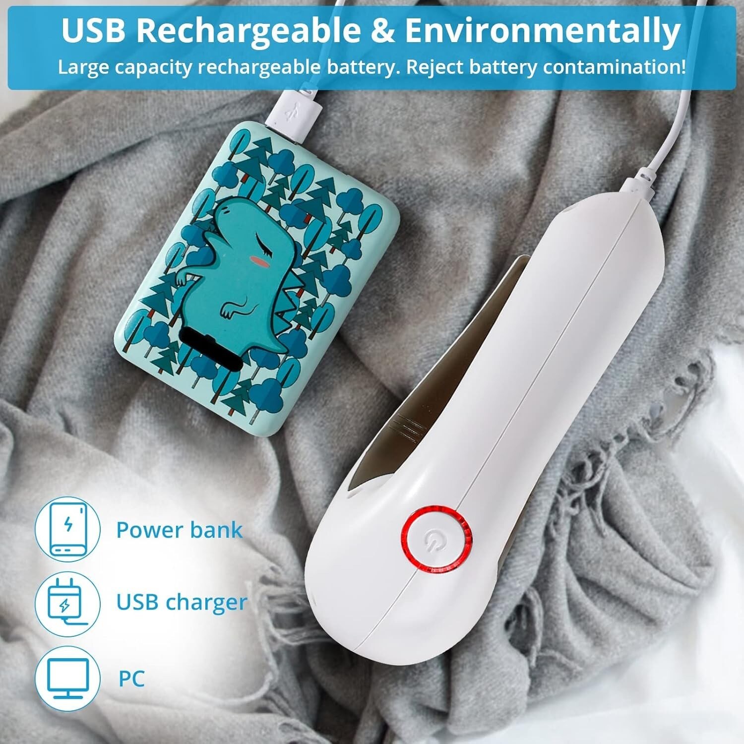 Aparat Pentru Curatat Scame, Par Si Praf, Trimmer pentru Diferite Tipuri De Material, Cu Lame Din Otel Inoxidabil, Maner Ergonomic, Incarcare Prin USB, 15x6x9 cm, Alb
