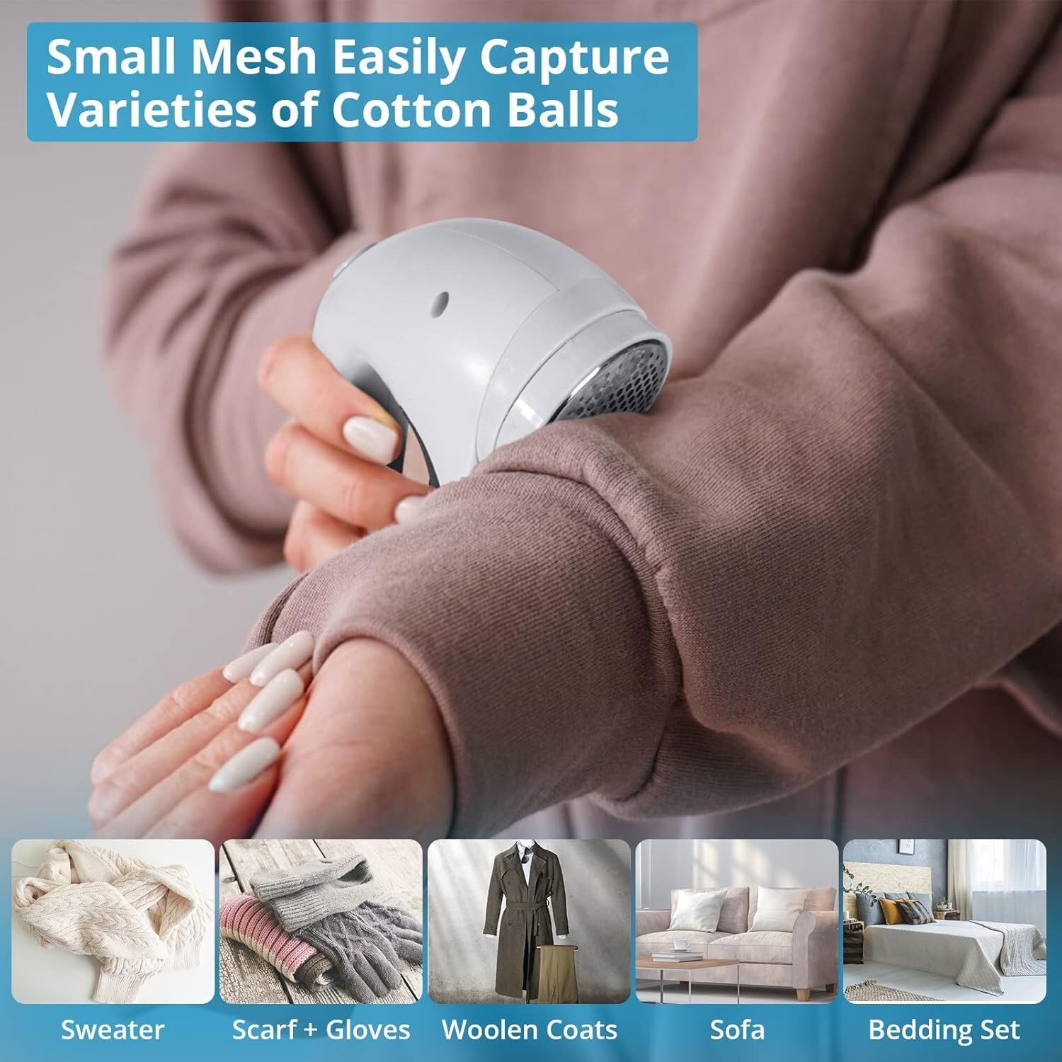 Aparat Pentru Curatat Scame, Par Si Praf, Trimmer pentru Diferite Tipuri De Material, Cu Lame Din Otel Inoxidabil, Maner Ergonomic, Incarcare Prin USB, 15x6x9 cm, Alb