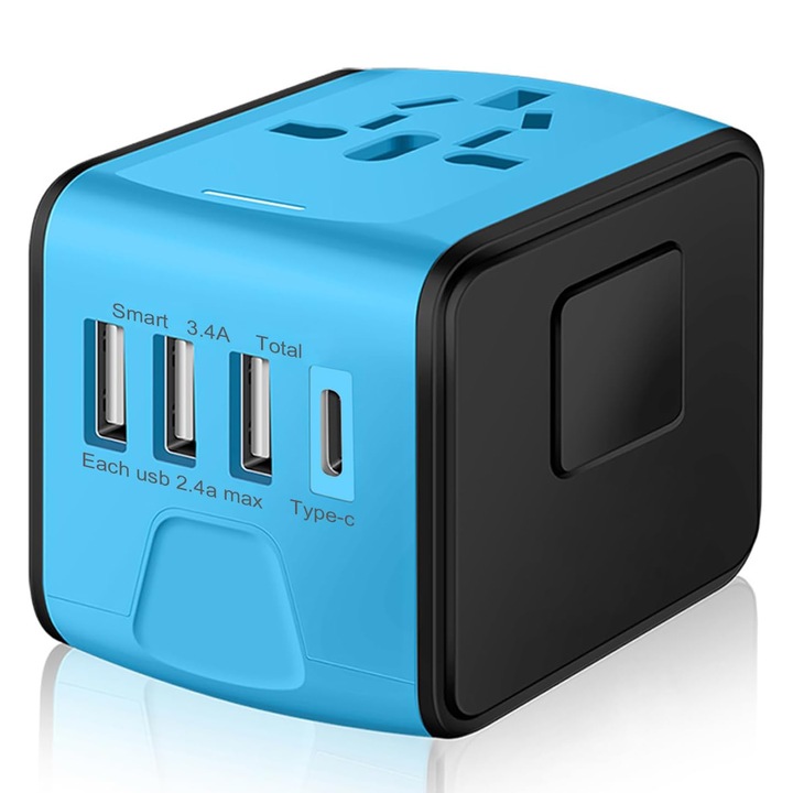 Adaptor de calatorie universal TREXORA, 4 USB + 1 Tip-C, protectie la supratensiune, compact, albastru