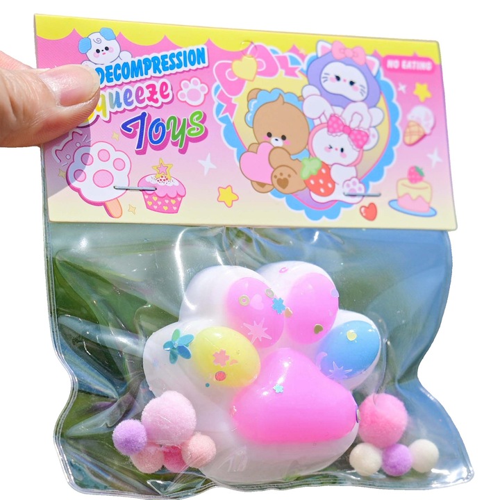 Jucarie Antistres Squishy, Flippy, cu Revenire Lenta, Labuta de Pisica Pufoasa, 7.5 cm, Ambalaj Transparent, Model 27056, Multicolor