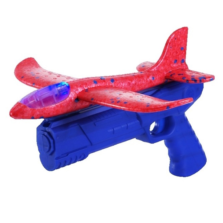 Pistol cu Lansator de Avion, din Polistiren+Plastic, +3 Ani, Avion 24 cm, Lansare 10 m, cu Lumini, Albastru/Rosu
