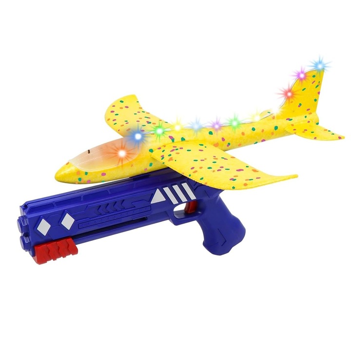 Repülőgép-indítóval ellátott fegyver, polisztirol+műanyag, +3 éves kortól, repülőgép 38 cm, indítási magasság 10 m, lámpákkal és kerekekkel, sárga/kék