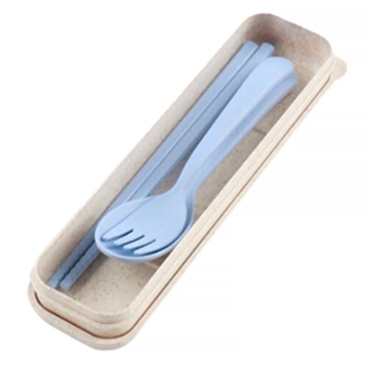 Преносим комплект прибори за хранене, изработен от PP пластмаса, екологичен, с клечки за хранене, лъжица, вилица, кутия за съхранение, 20.5x5.5 см