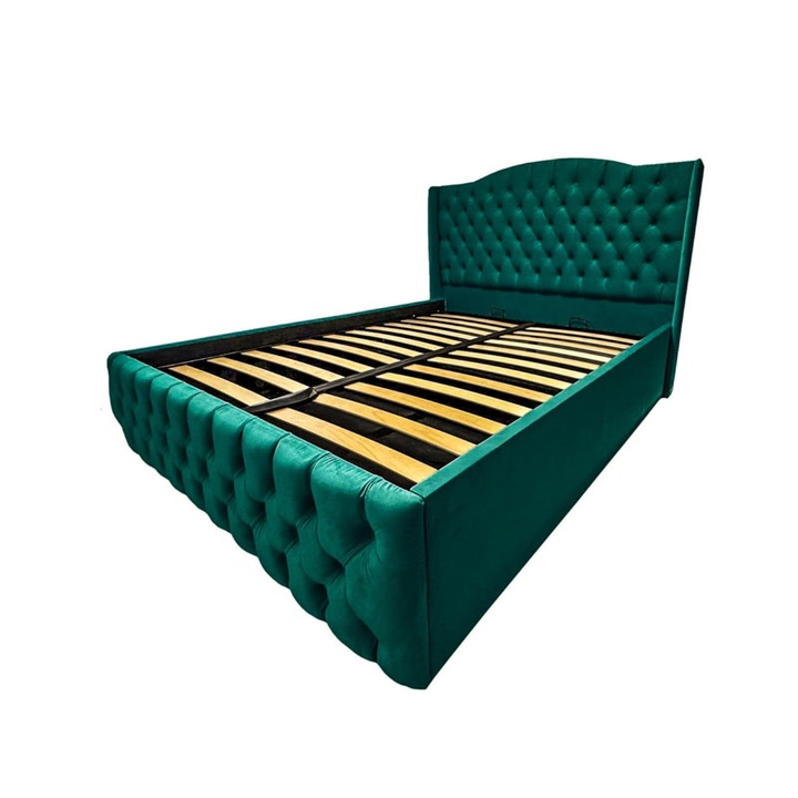 Pat dublu tapitat Luna 180 x 200 verde smarald cu somiera inclusa
