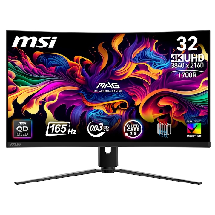 Монитор MSI 31.5" MAG 321CUP QD-OLED, геймърски, UHD 3840 x 2160, HDMI, DisplayPort, извит екран, 165 Hz, 0.03 ms, черен