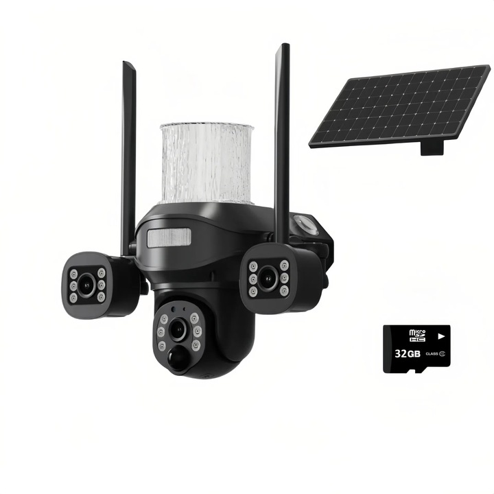 Camera de supraveghere Wireless cu panou solar, 4K, vedere 360, vizibilitate nocturna, 3 capete, rezistenta la apa, Contine un card de memorie de 32GB