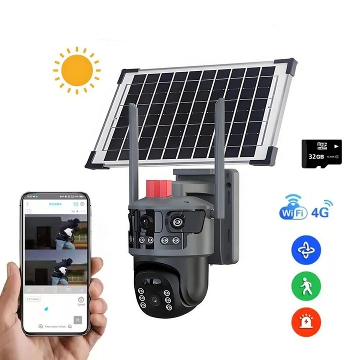 Camera de supraveghere Wireless cu panou solar, 4K, HD, vedere panoramica 360°, viziune nocturna color, 3 camere, Contine un card de memorie de 32GB