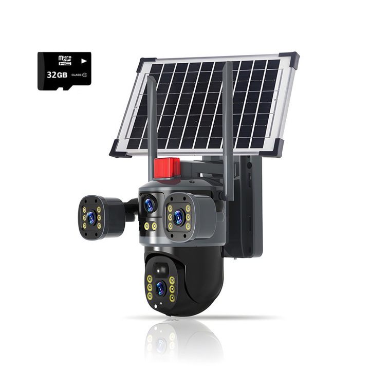 Camera de supraveghere Wireless cu panou solar, 4K, HD, vedere 360°, viziune nocturna color, IP66, 4 camere, Contine un card de memorie de 32GB