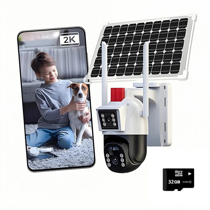 Camera de supraveghere Wireless cu panou solar, 4K, HD, vedere 360°, noapte color, 2 camere, IP66, Contine un card de memorie de 32GB