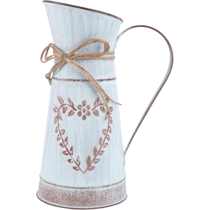 Vaza decorativa vintage franceza din tabla galvanizata, forma de inima, cu frunze