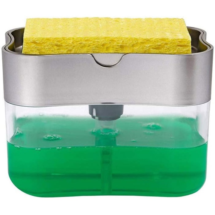 Dozator, Dispenser 2 in 1 pentru Detergent Lichid de Vase sau pentru Obiecte Sanitare cu Suport pentru Burete de Bucatarie, transparent, 380 ml, 13x10x11 cm