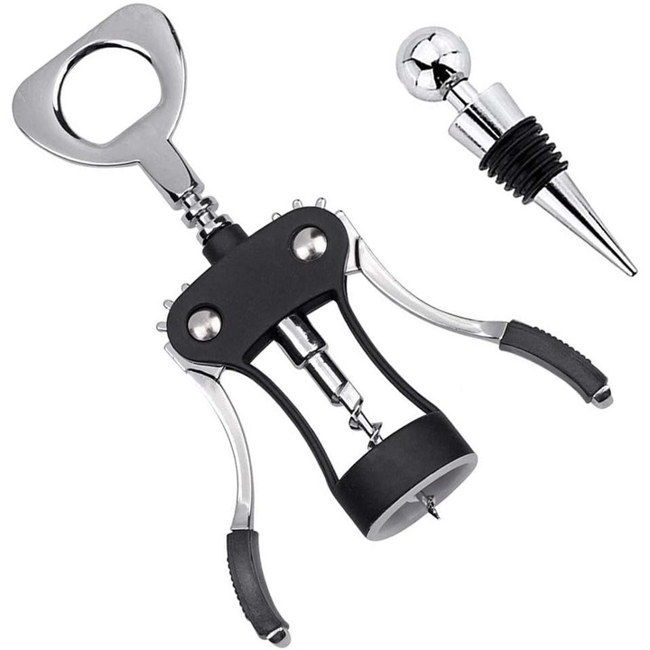 Tirbuson multifunctional cu aripi, negru, set cu dop de sticla