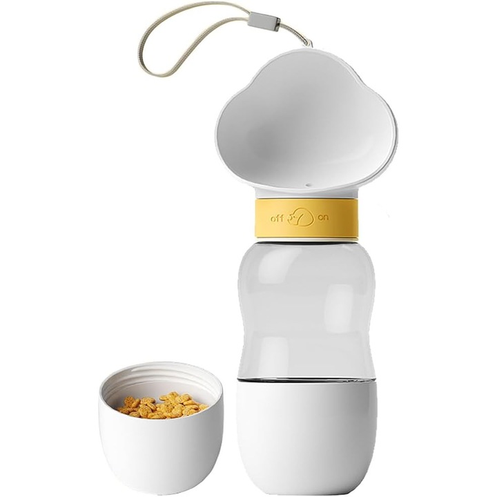 Sticla de apa portabila pentru caini 2-in-1, 300ml apa si 200ml hrana, design anti-scurgere, multicolor