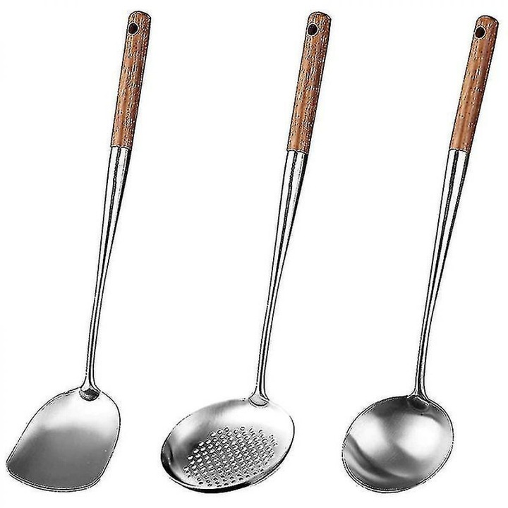 Spatula pentru wok din otel inoxidabil cu maner de lemn rezistent la caldura, 30x5cm