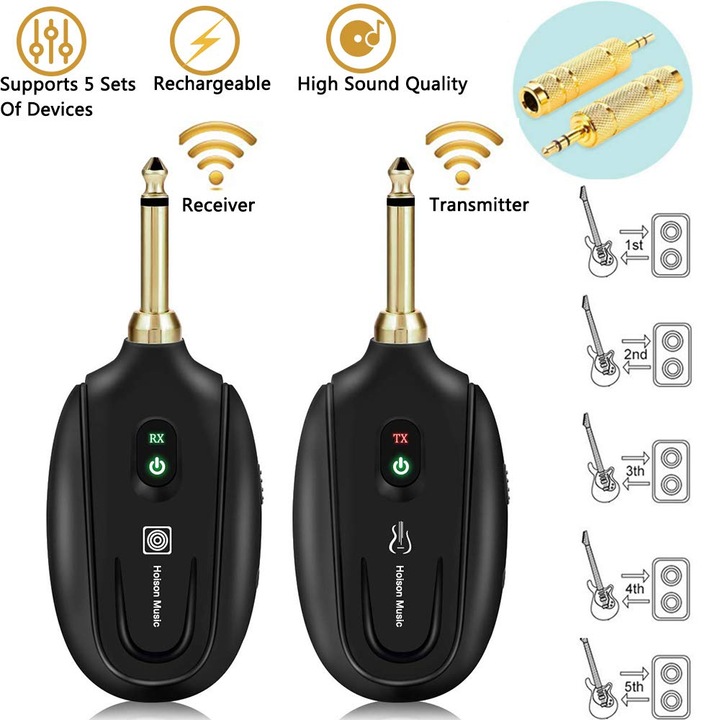 Sistem de emitator-receptor wireless pentru chitara - Set emitator-receptor reincarcabil, raza de transmisie de 50 m pentru chitare electrice si basuri