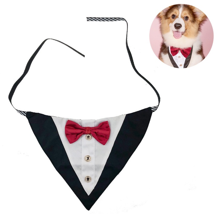 Zgarda bandana pentru caini, smoking formal pentru nunta, zgarda pentru caini cu papion, zgarda reglabila cu papion pentru caini, bandana pentru caini mici, medii si mari (culoare: rosu)