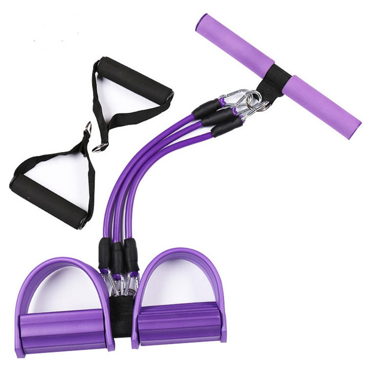 Expander fitness ZYBLSSBB LSM2XH27027-WL-00149-3, 3 tuburi TPE cu pedale si manere din spuma, violet