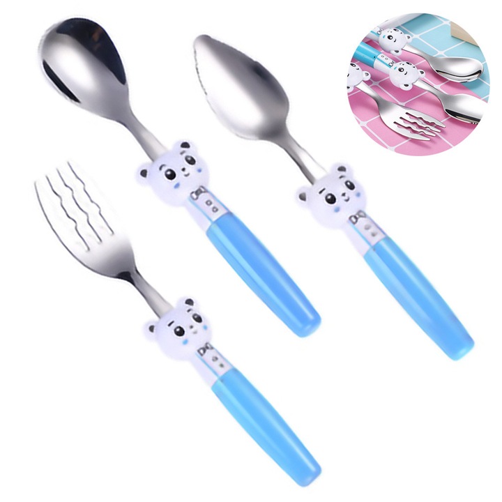 Set 3 bucati tacamuri/ustensile pentru copii din otel inoxidabil, maner ergonomic din PP, model spatiu/ursulet, Albastru