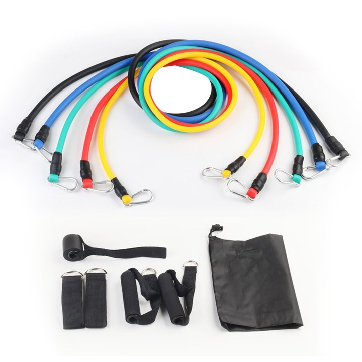 Set benzi de rezistenta ZYBLSSBB LSM2XH26411-CPB-DE-HJJ-42-1, 11 piese (benzi 10/15/20/25/30 lbs), manere, ancora pentru usa, curele glezne, geanta, multicolor