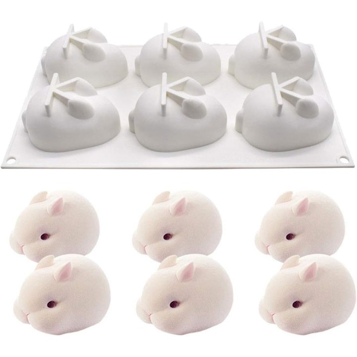 3D Iepuras de Paste Iepuras Silicon Forme de Coacere DIY Forme de Coacere Tava Instrumente Tort Topper Decorative Consumabile de Gatit pentru Ciocolata Fondant Bomboane Bomboane Gheata, Alb (6 Cavitati)