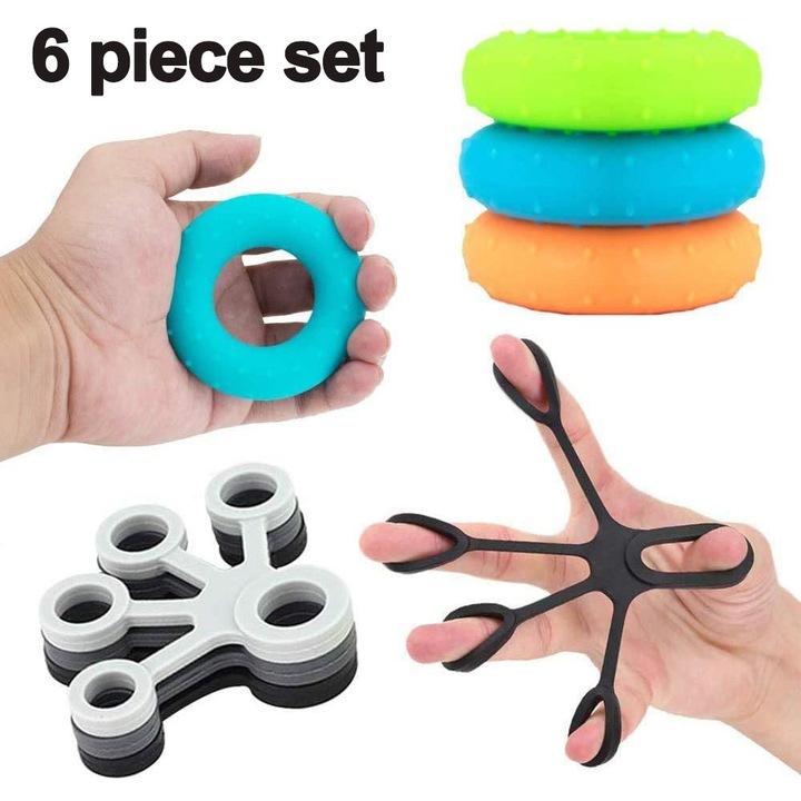 Exercitator de degete si hand gripper ZYBLSSBB, set 6 piese din silicon, 3 nivele de rezistenta (≈3/4/5 kg), multicolor