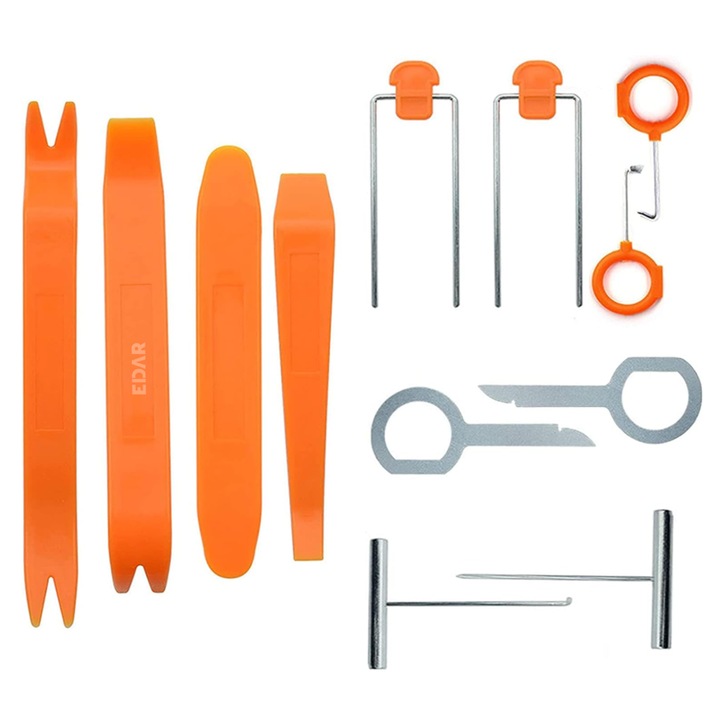 Trusa 12 Unelte Pentru Demontat Interior Auto EDAR, Panouri Bord Si Usi, Radio, Navigatie, Plastic/Metal, Portocaliu/Argintiu