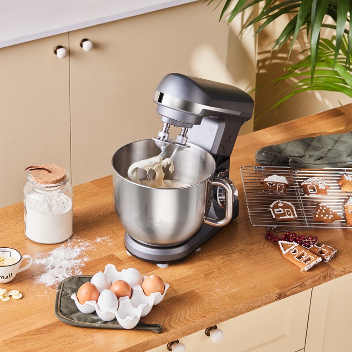 Robot de bucatarie Karaca Blendburst Kitchen Chef, 1400W, 6 trepte de viteza, bol inox 5.7L, 4 accesorii, gri