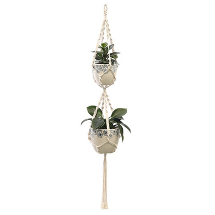 Agatator pentru ghiveci macrame, suport suspendat pentru plante din bumbac 100% lucrat manual, rezistent, pentru interior/exterior, bej, set 2 bucati