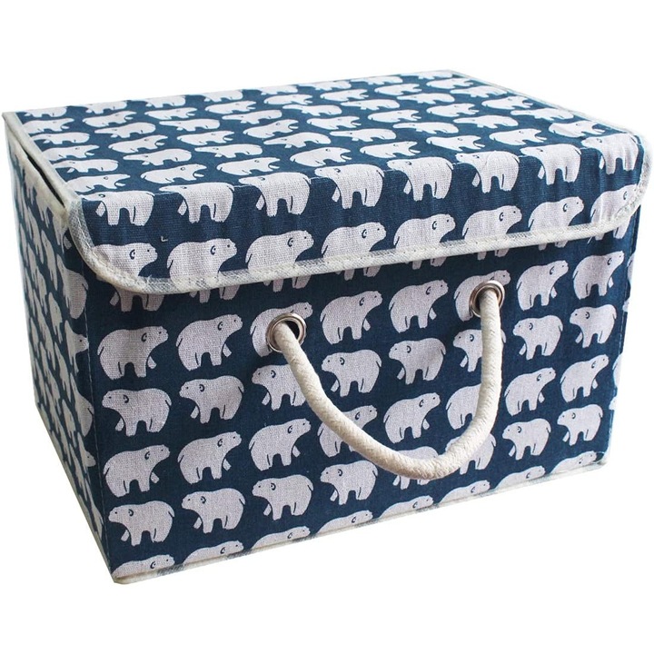 Cutie depozitare pliabila/cos organizator cu capac, cu maner din sfoara, din material netesut si carton, bleumarin/alb, 38x25x25 cm
