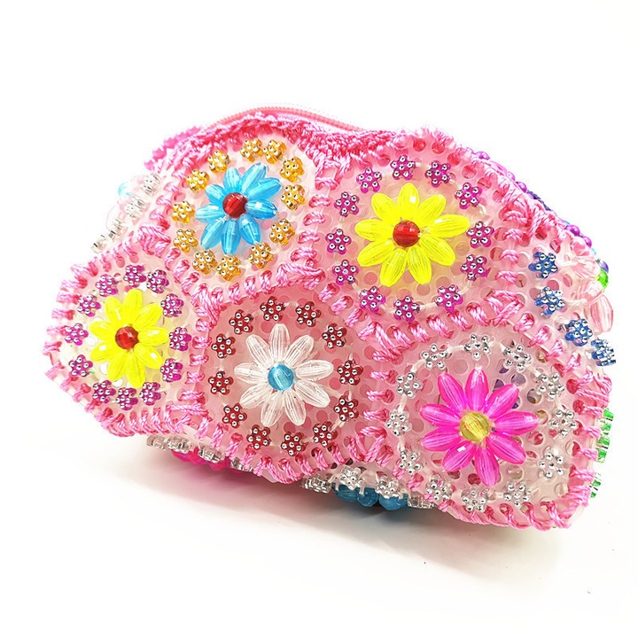 Geanta crossbody cu margele lucrate manual, roz, acril, 18x13x5 cm