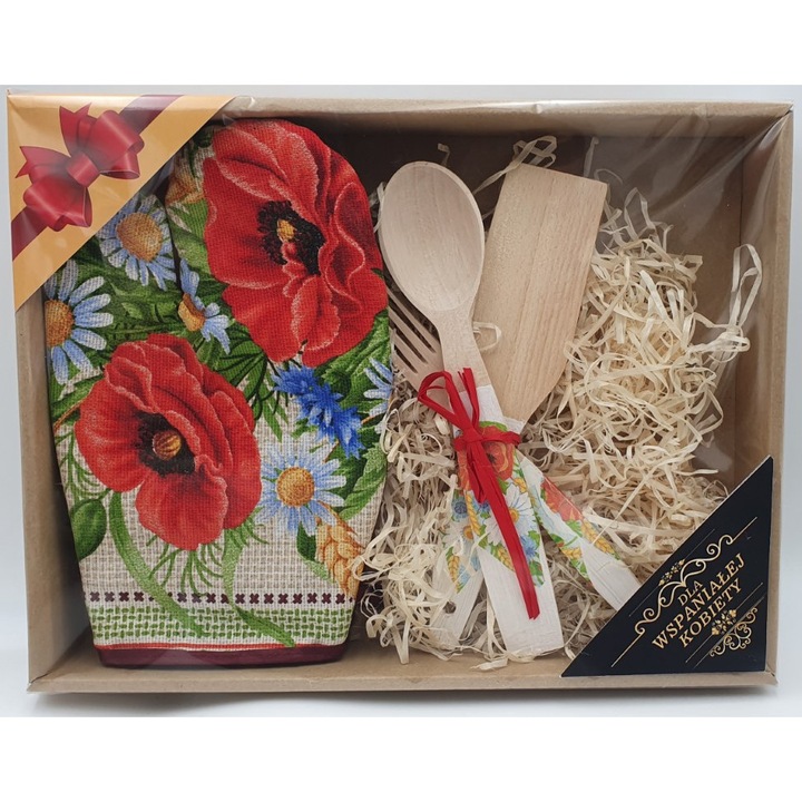 Manusi de bucatarie, Nami, set cu ustensile din lemn, flori, 36x28cm