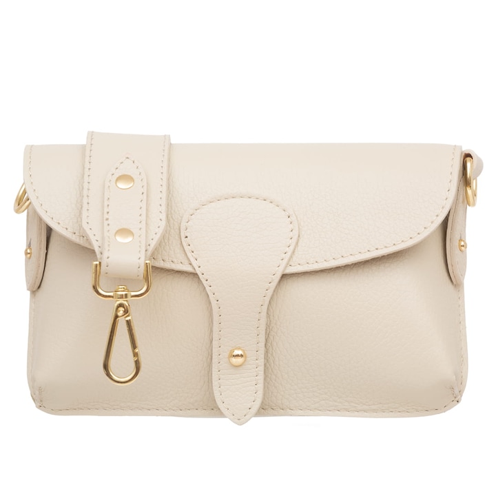 Geanta de dama Vera Pelle, sistem de inchidere cu capse, stil casual, din piele naturala, ecru