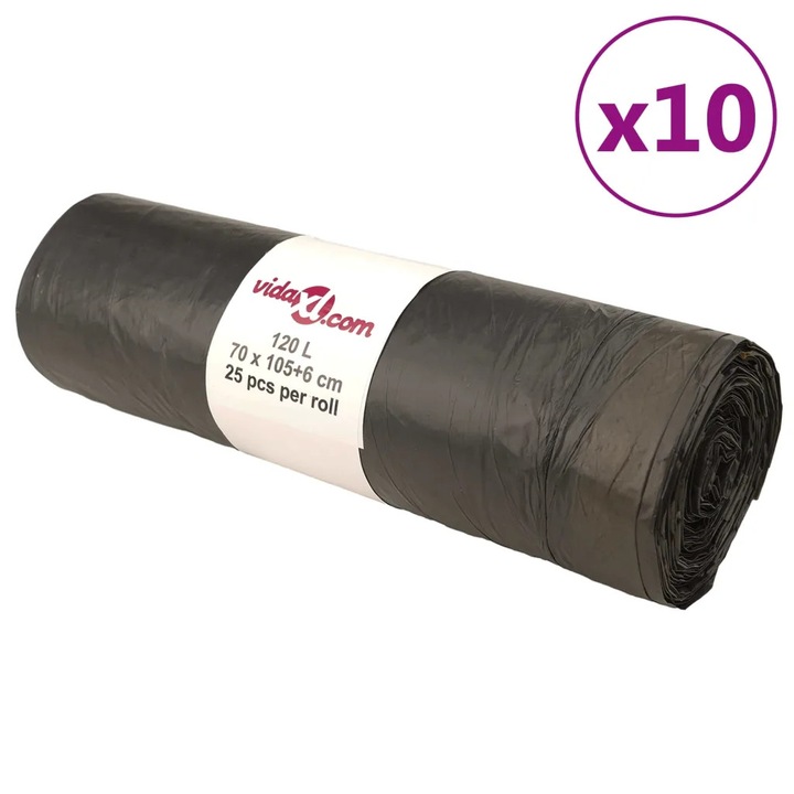 Торби за отпадъци VidaXL 250 бр. 120L черни с лента за пристягане